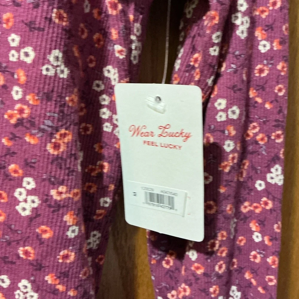 Lucky Brand Pink Ditzy Floral Ribbed Henley Top - Purple Rose Med New - Picture 5 of 5